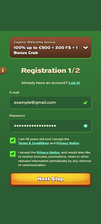 Processus d'inscription de Greenluck sur mobile